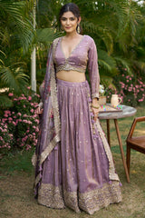 Lilac Purple Tissue Sequins Embroidered V Neck Lehenga