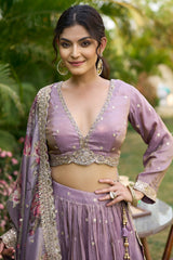 Lilac Purple Tissue Sequins Embroidered V Neck Lehenga