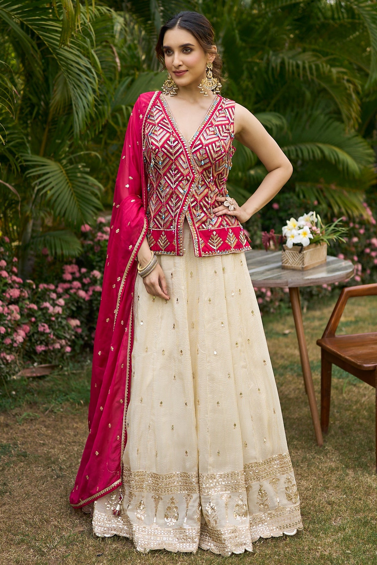 Cream Tissue Sequin Worked Lehenga with Surplice V Neck Top