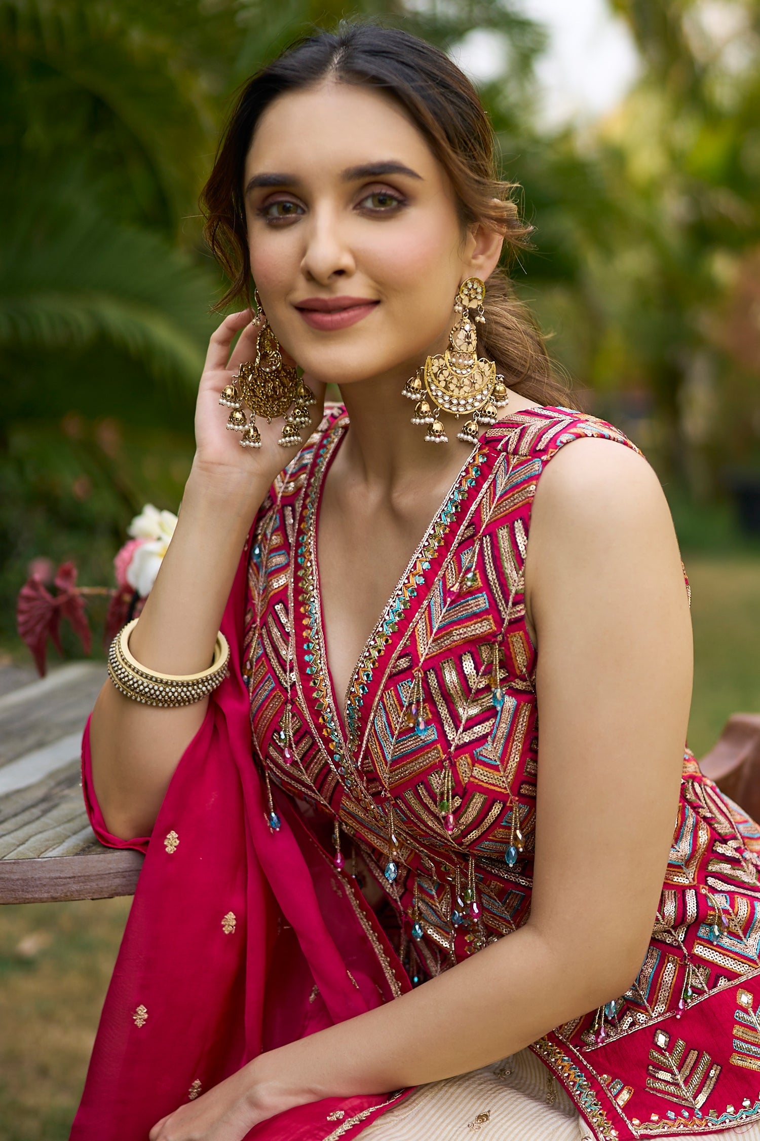 Cream Tissue Sequin Worked Lehenga with Surplice V Neck Top