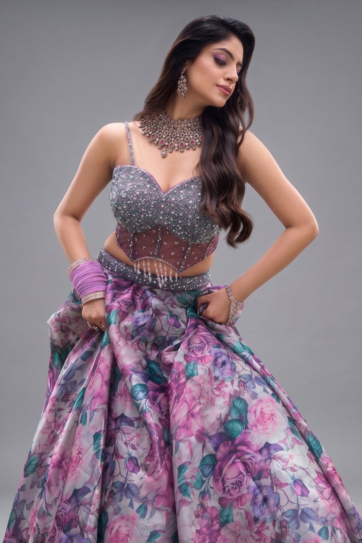 Mauve Organza Silk Floral Print Lehenga with Cutdana Sequin Corset with Cape Jacket
