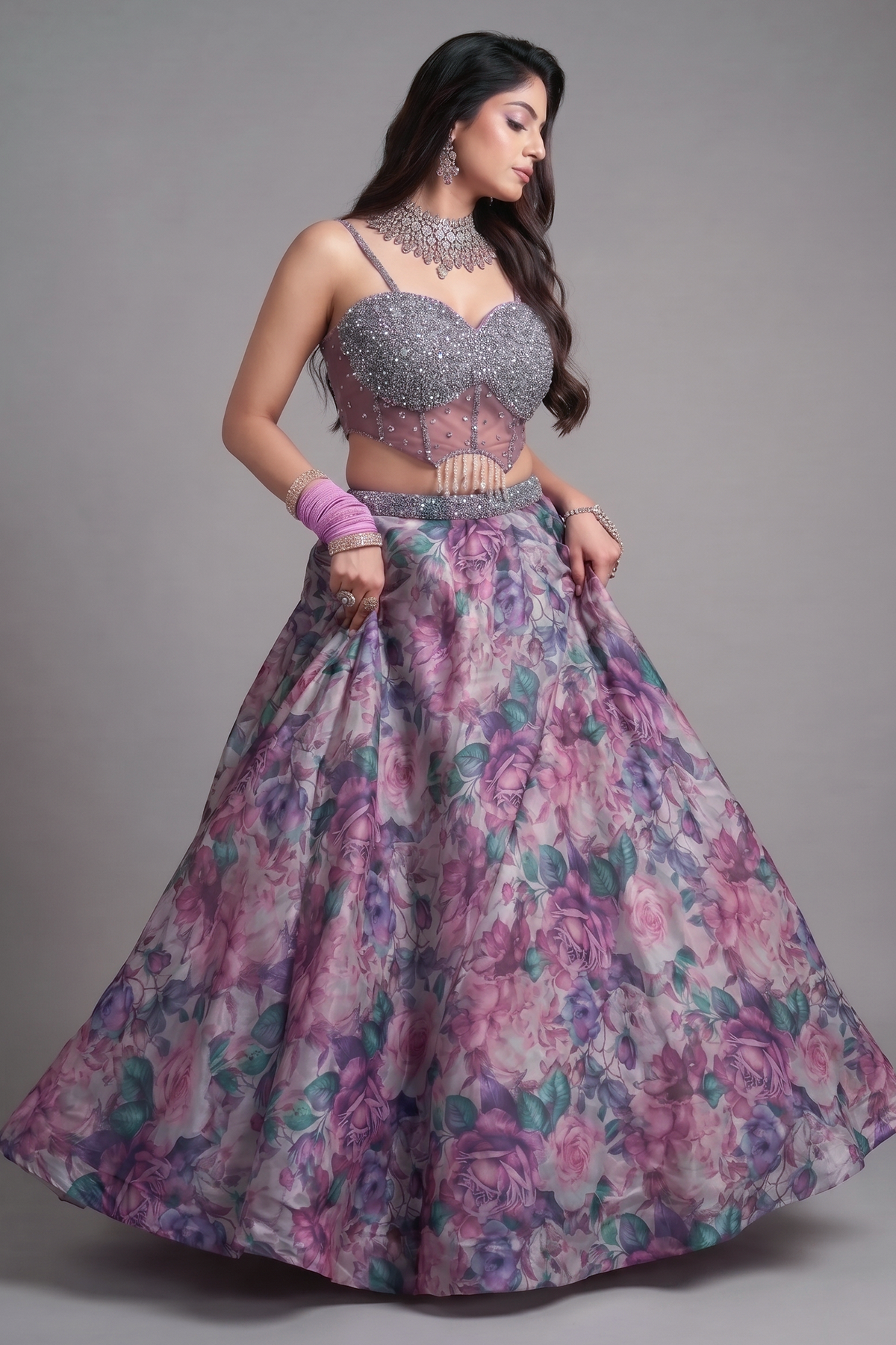 Mauve Organza Silk Floral Print Lehenga with Cutdana Sequin Corset with Cape Jacket