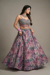 Mauve Organza Silk Floral Print Lehenga with Cutdana Sequin Corset with Cape Jacket