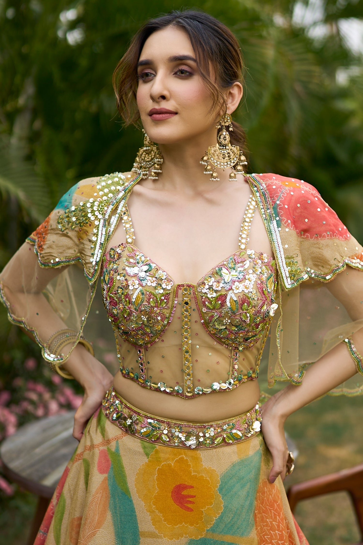 Beige Tissue Floral Printed Lehenga with Embellished Corset and Cape Sleeve