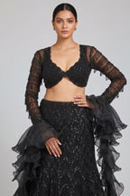 Black Net Sequin Beaded Fish Cut Lehenga with Deep Scallop Neckline Blouse