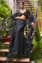 Black Net Sequin Beaded Fish Cut Lehenga with Deep Scallop Neckline Blouse