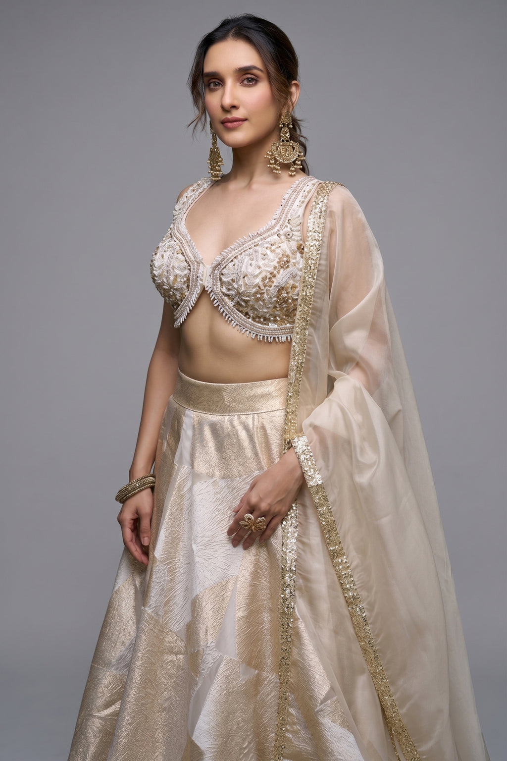 Off White and Golden Orgazna Lehenga with Embellished Beaded Blouse