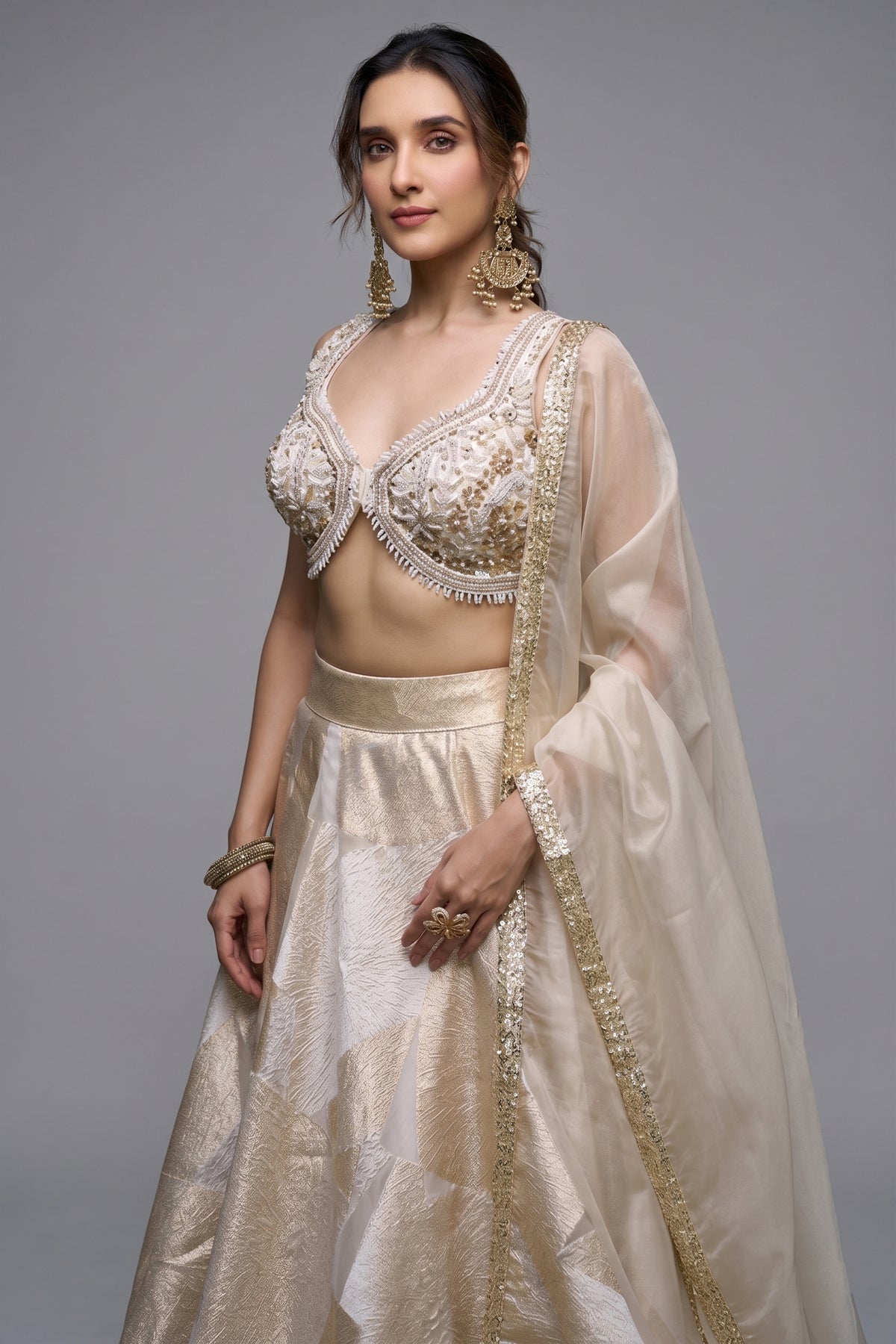 Off White and Golden Orgazna Lehenga with Embellished Beaded Blouse