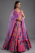 Pink and Purple Silk Floral Printed Designer Lehenga with Mirror Work