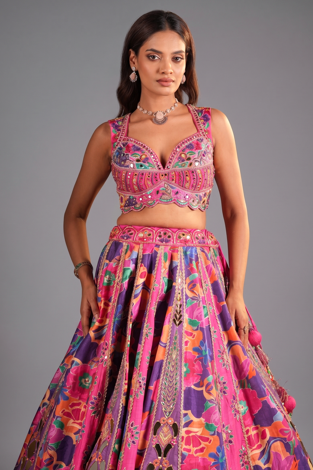 Pink and Purple Silk Floral Printed Designer Lehenga with Mirror Work