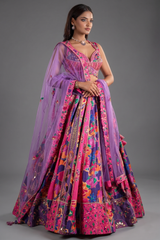 Pink and Purple Silk Floral Printed Designer Lehenga with Mirror Work