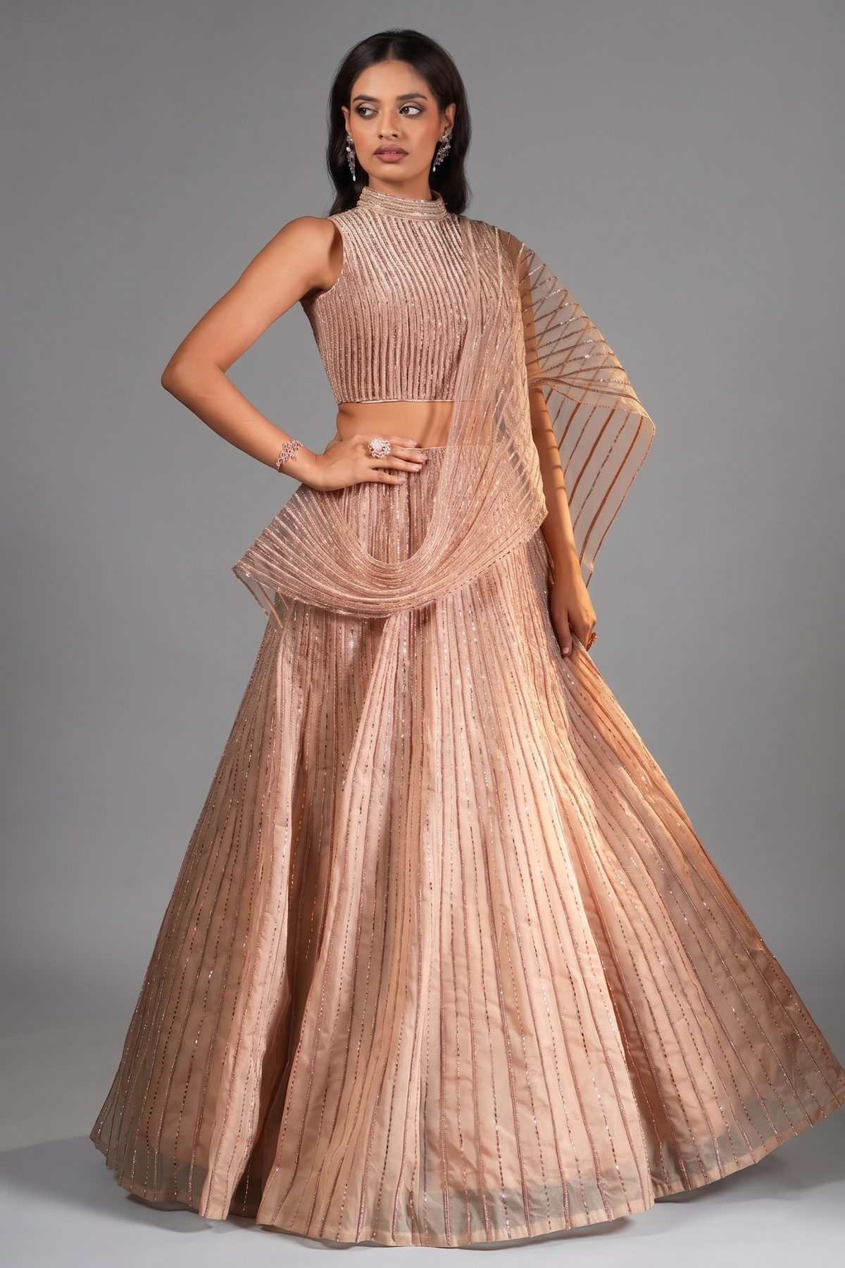 Beige Net High Neck Designer Metallic Stripe Lehenga Set with Attached Dupatta