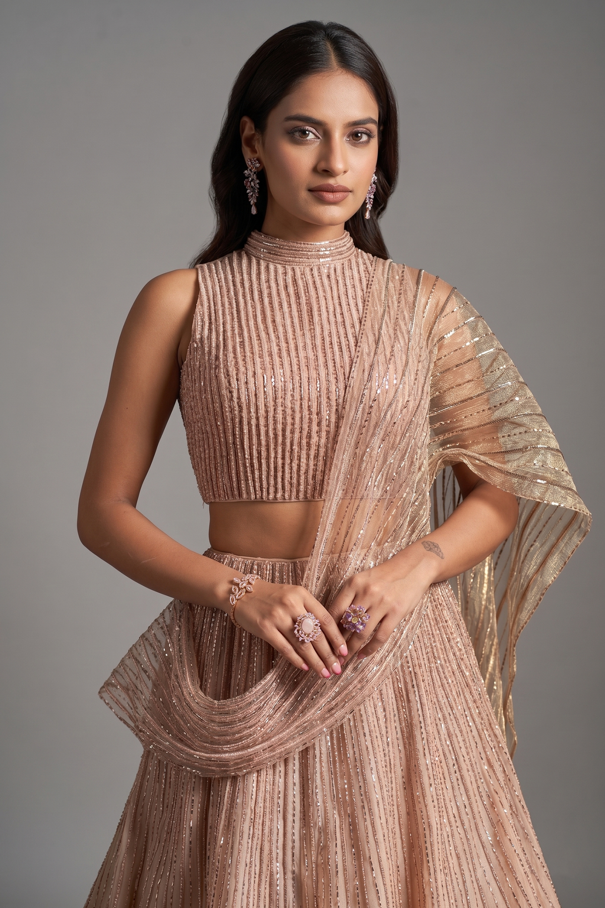 Beige Net High Neck Designer Metallic Stripe Lehenga Set with Attached Dupatta