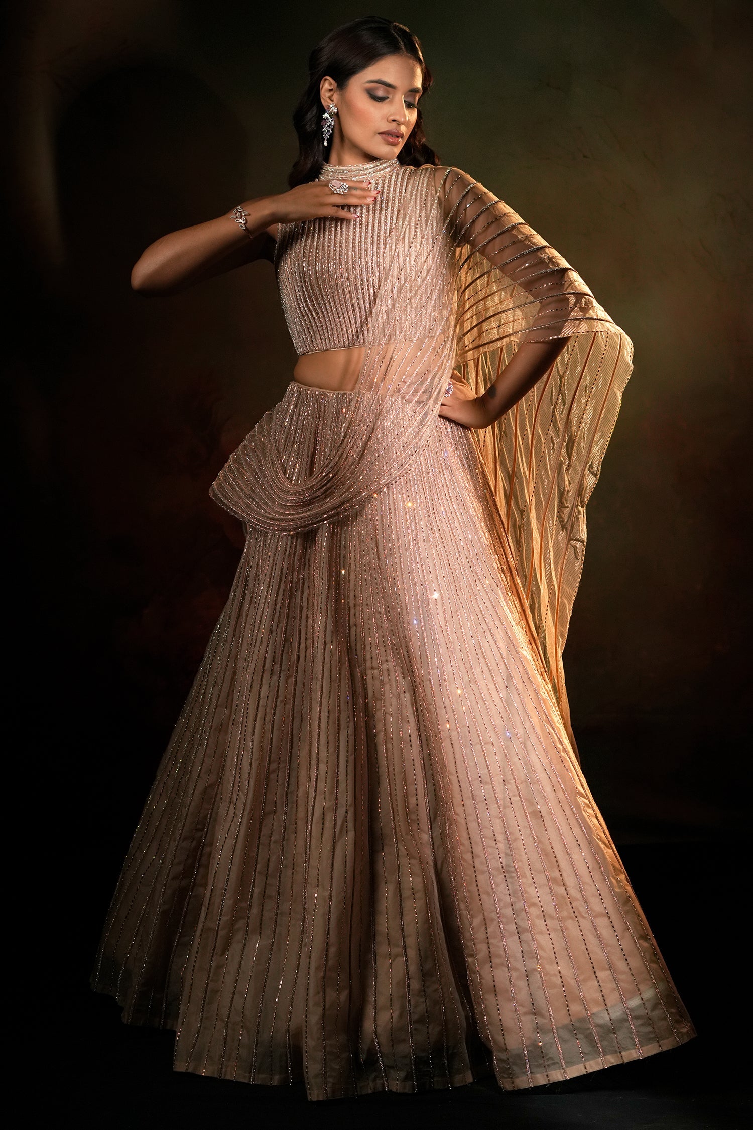 Beige Net High Neck Designer Metallic Stripe Lehenga Set with Attached Dupatta