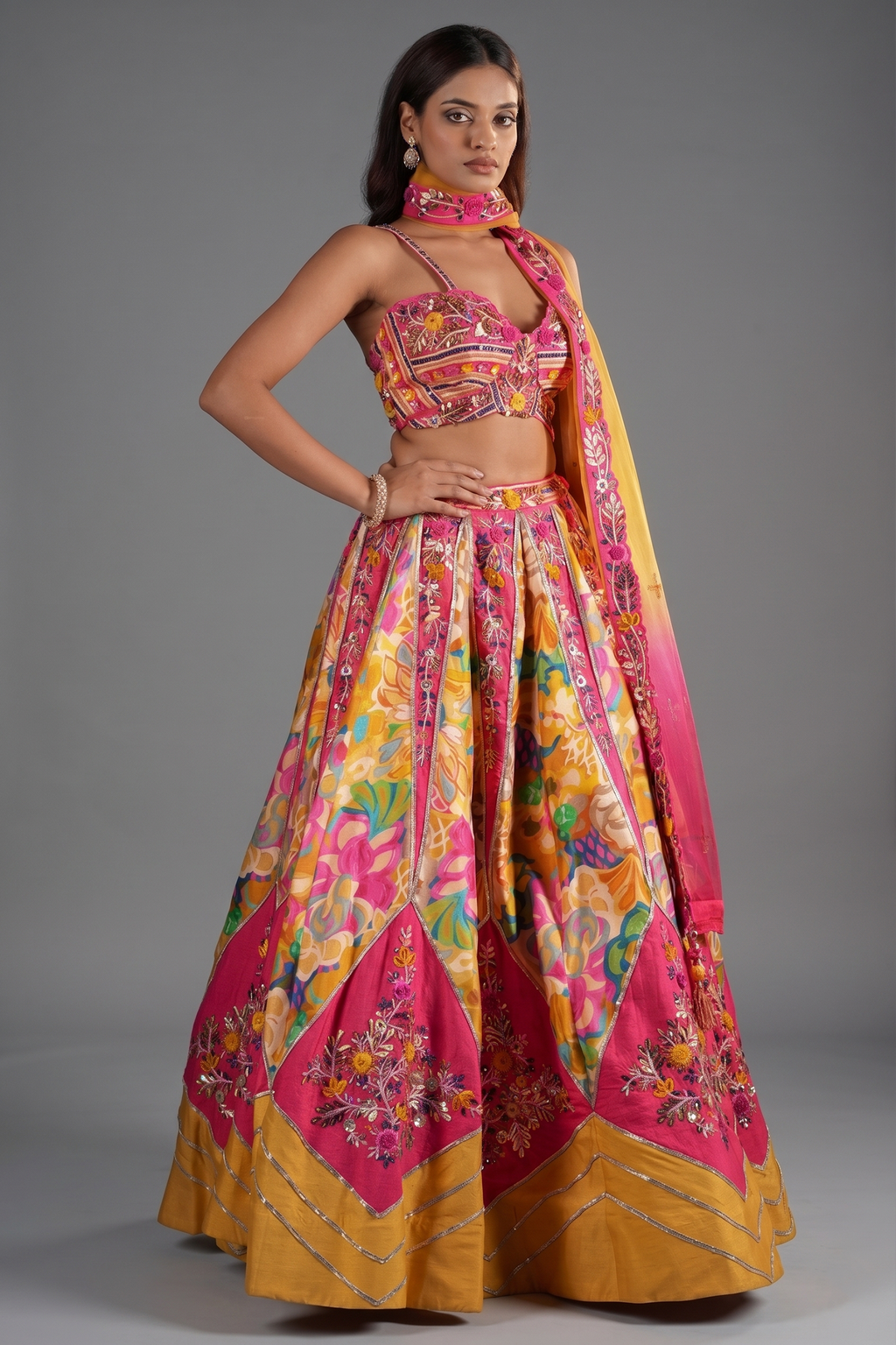 Yellow and Pink Crepe Silk Floral Printed and Embroidered Designer Lehenga