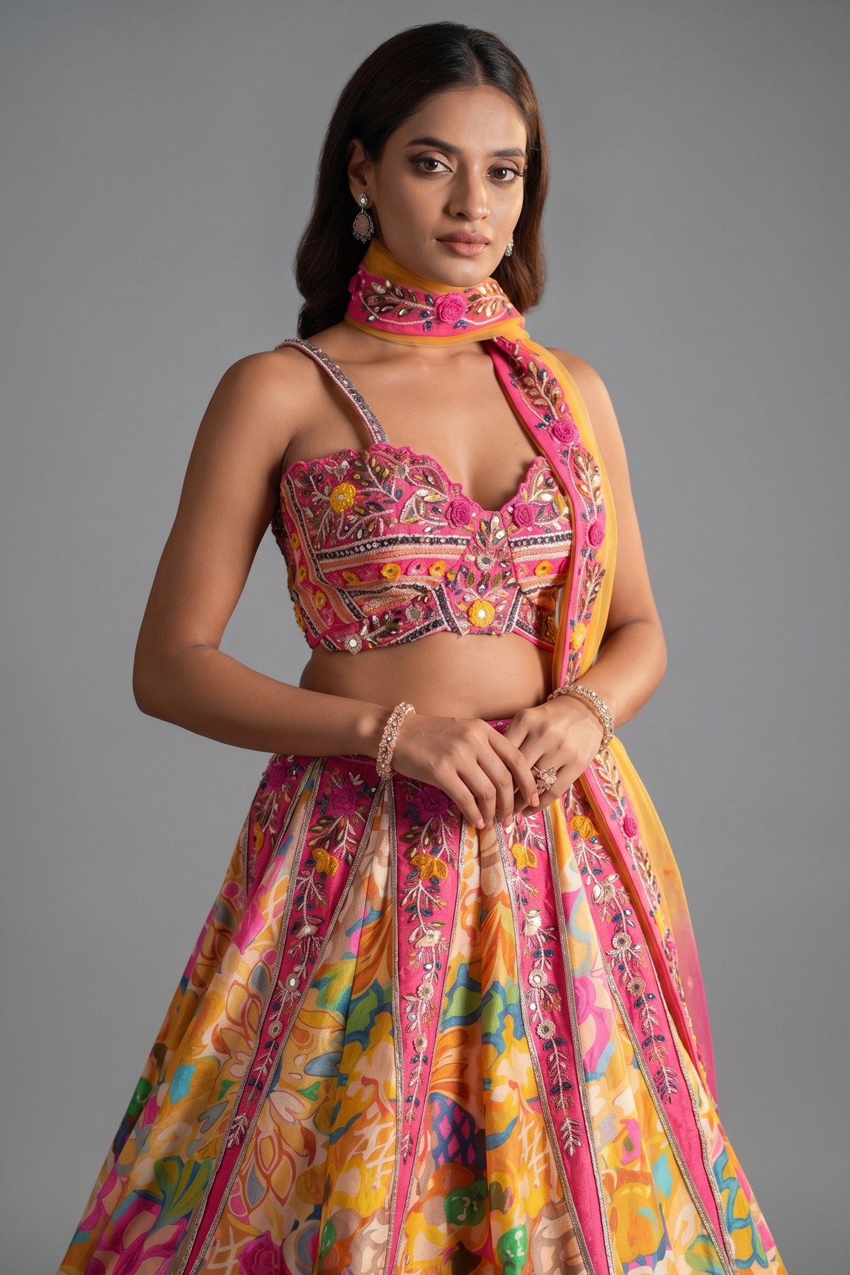 Yellow and Pink Crepe Silk Floral Printed and Embroidered Designer Lehenga