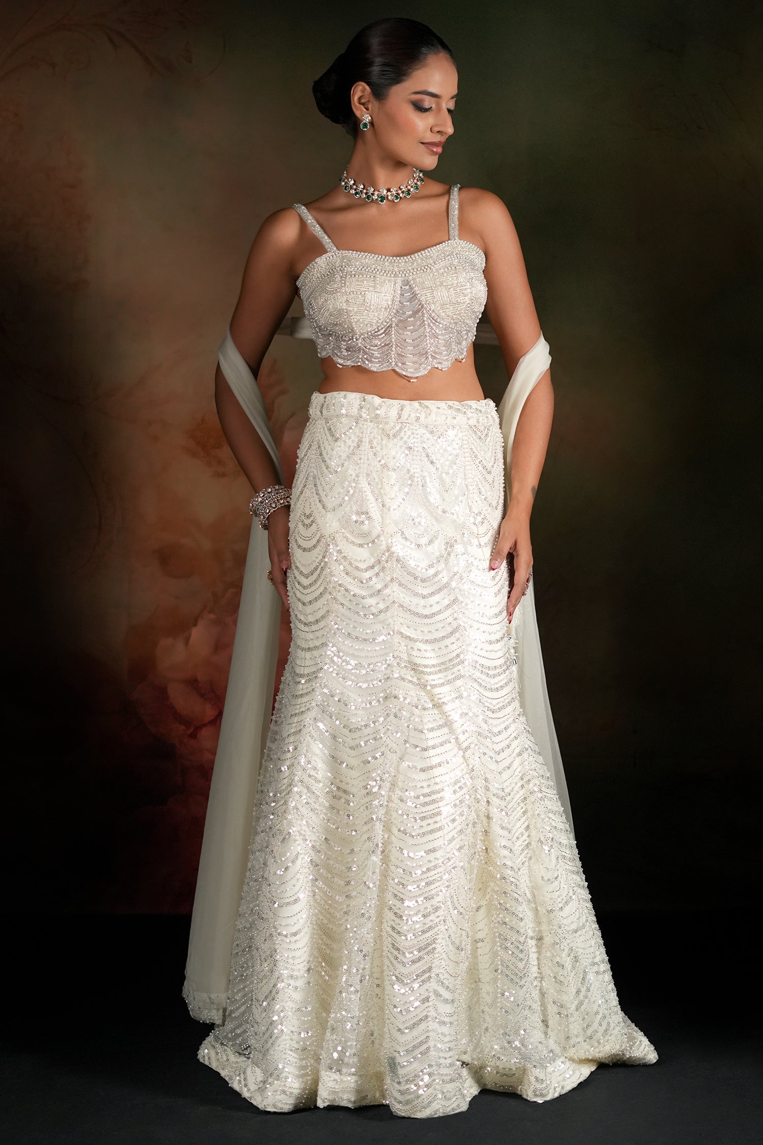 Ivory White Art Deco Sequin and Pearl Mermaid Style Lehenga with Corset Blouse