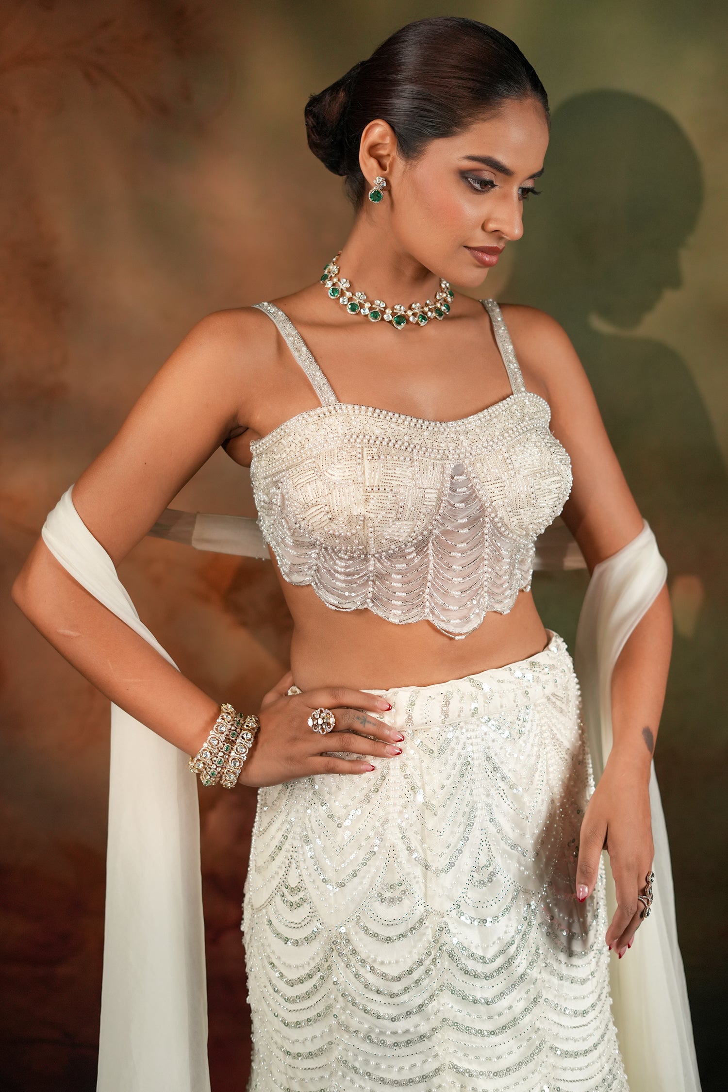 Ivory White Art Deco Sequin and Pearl Mermaid Style Lehenga with Corset Blouse
