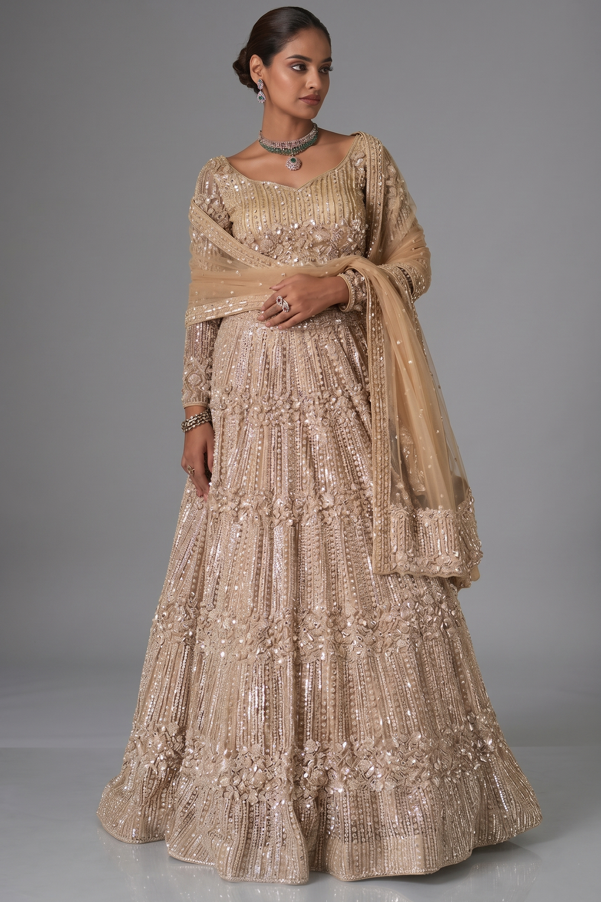 Champagne Gold Net Designer Sequinned and Dimoand Worked Lehenga Set