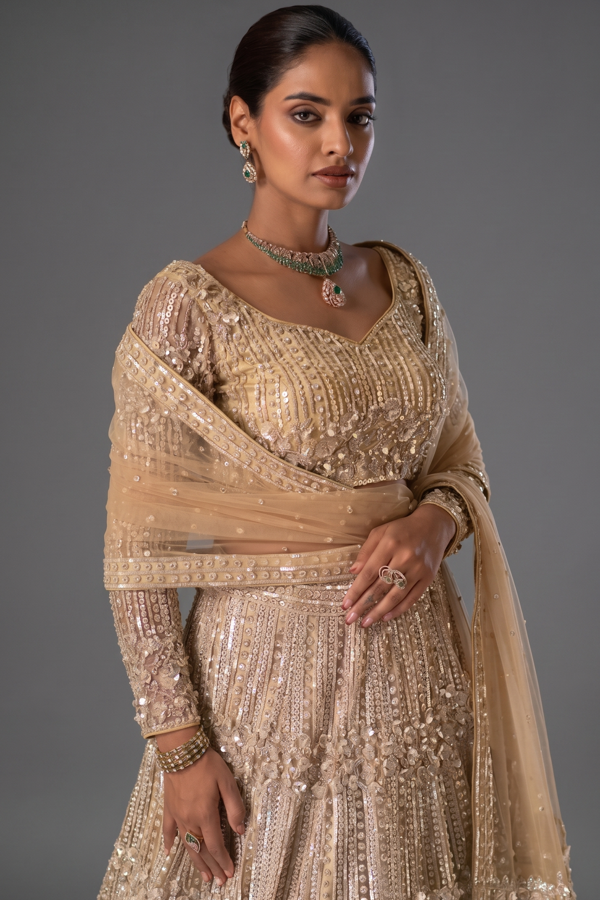 Champagne Gold Net Designer Sequinned and Dimoand Worked Lehenga Set