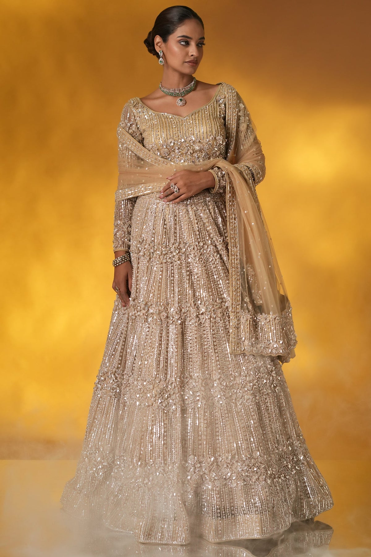 Champagne Gold Net Designer Sequinned and Dimoand Worked Lehenga Set