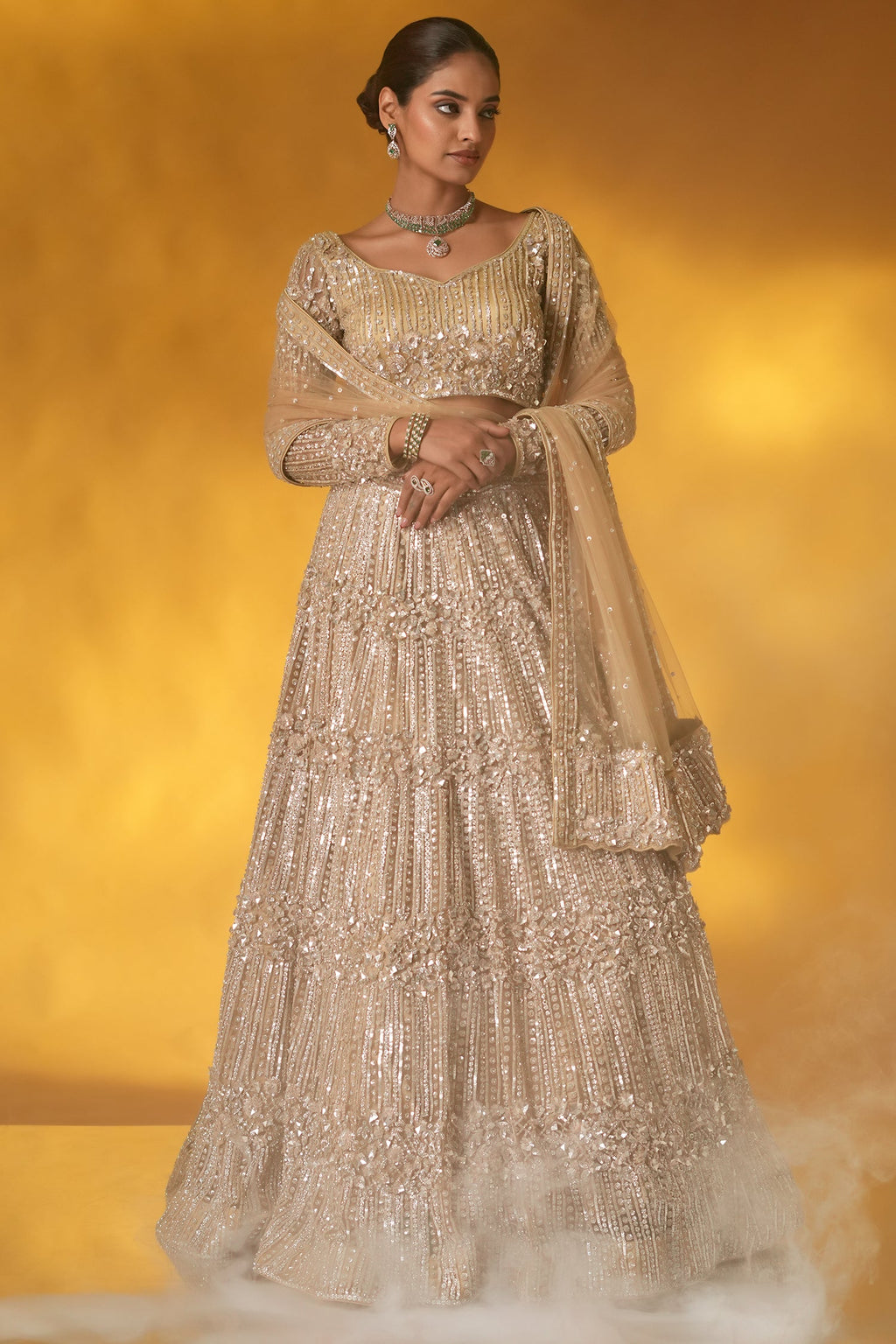 Champagne Gold Net Designer Sequinned and Dimoand Worked Lehenga Set