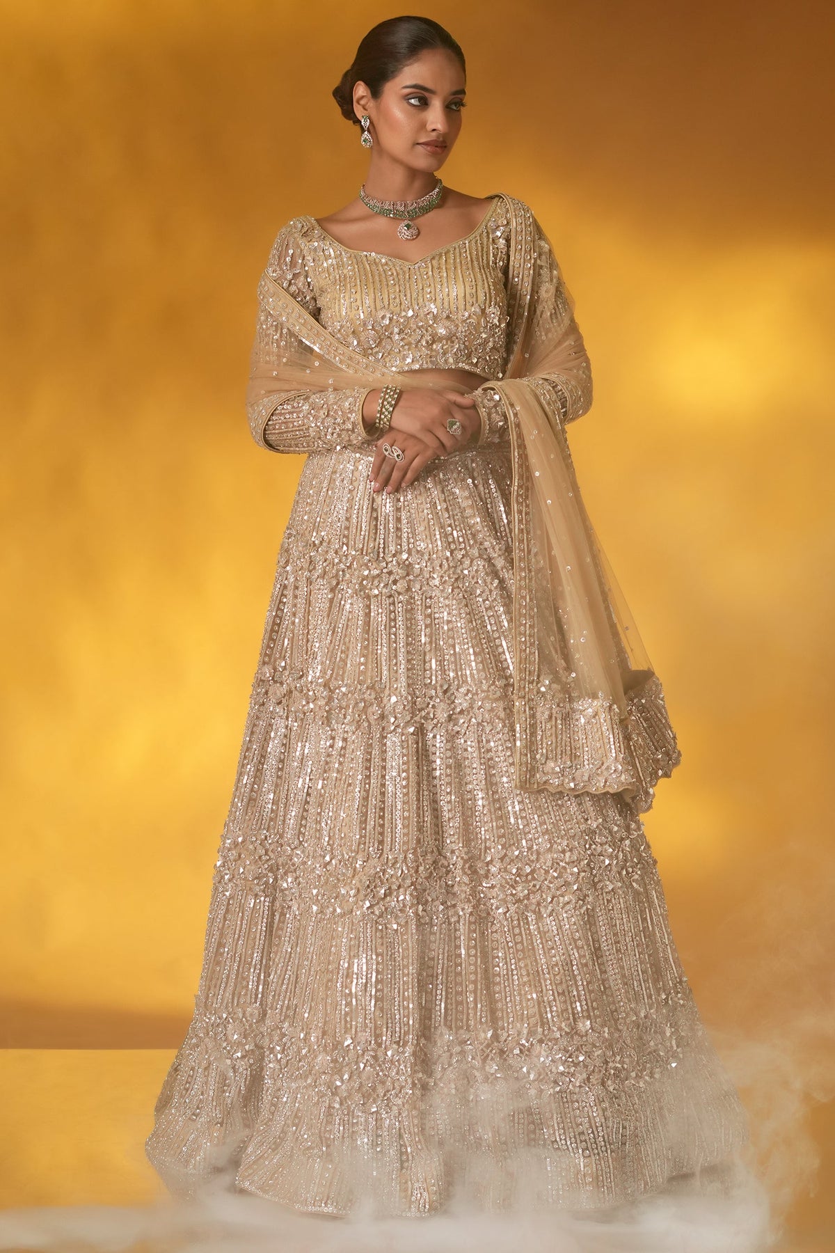 Champagne Gold Net Designer Sequinned and Dimoand Worked Lehenga Set