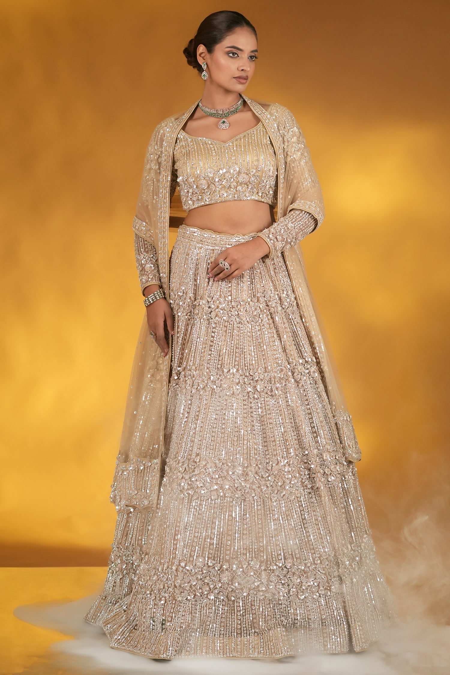 Champagne Gold Net Designer Sequinned and Dimoand Worked Lehenga Set