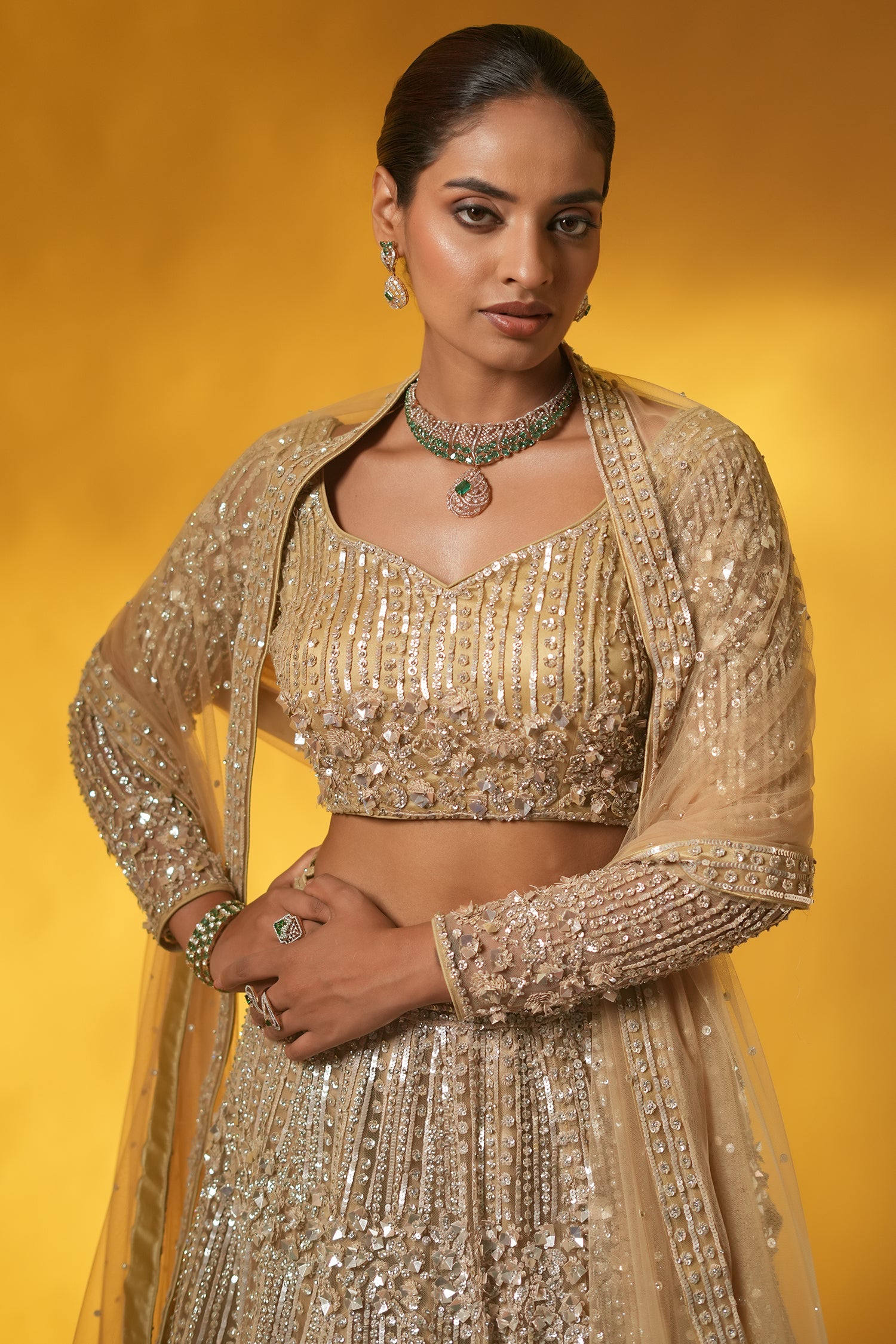 Champagne Gold Net Designer Sequinned and Dimoand Worked Lehenga Set