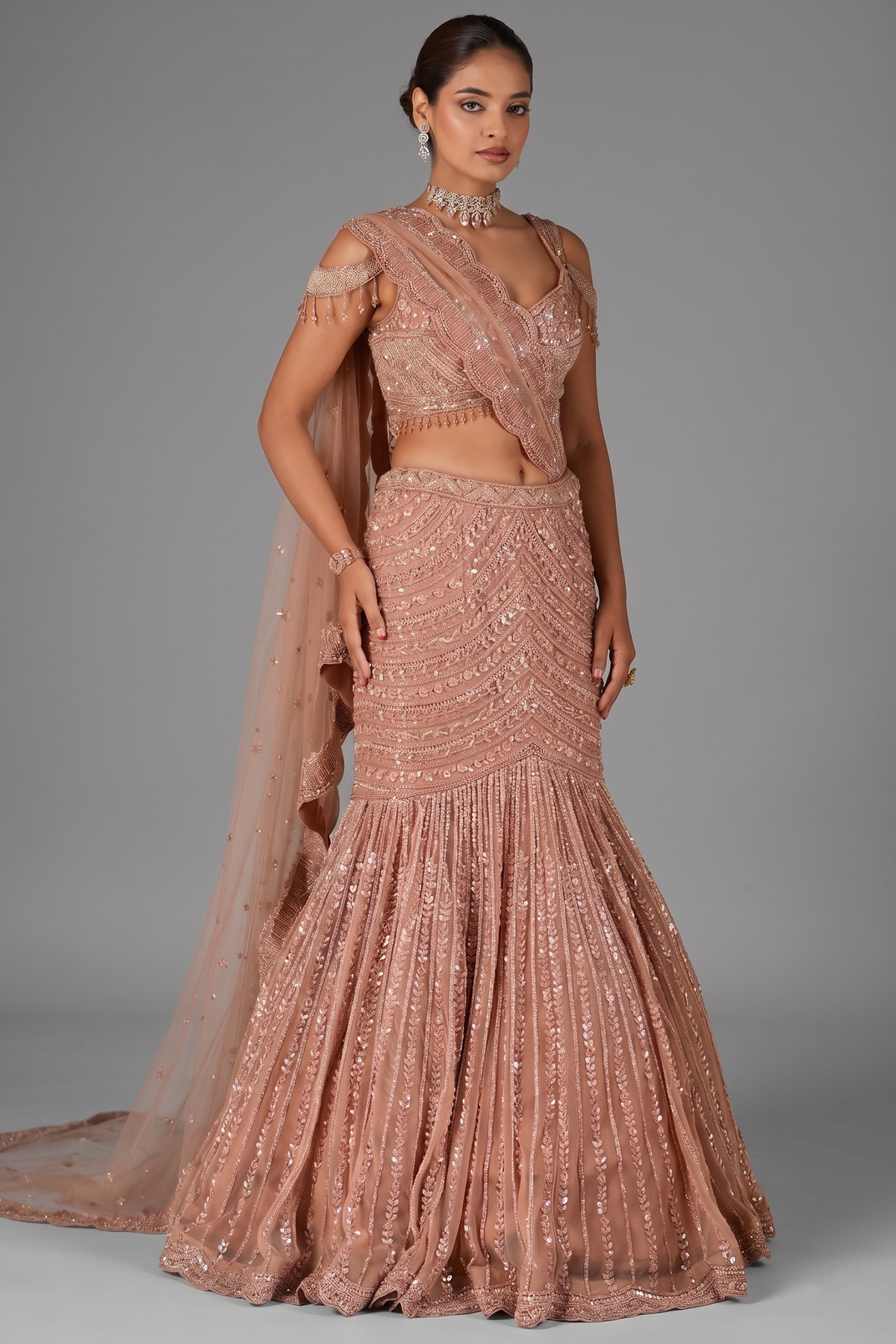 Rose Golden Net Designer Mermaid Style Lehenga with Cold Shoulder Blouse
