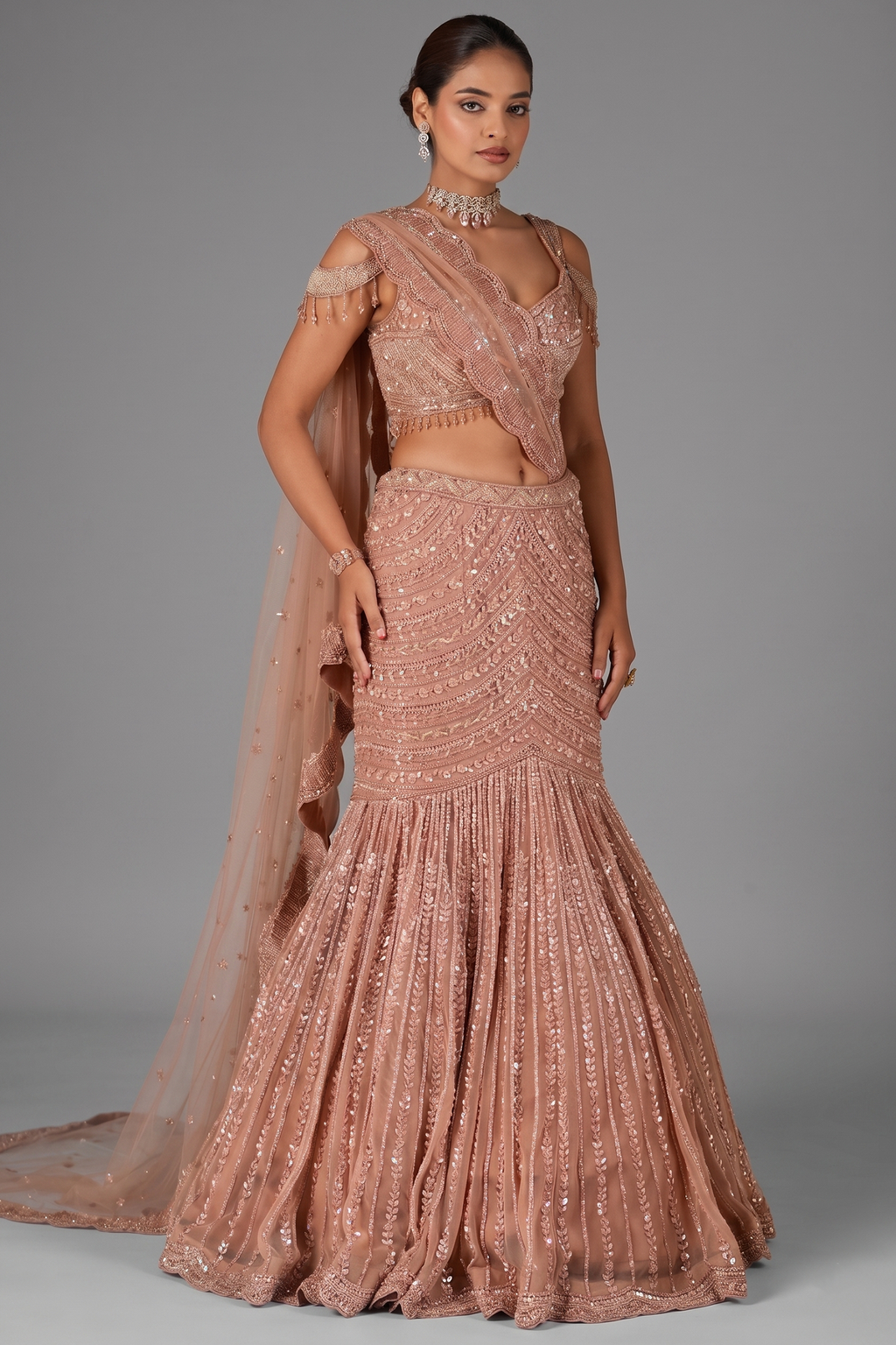 Rose Golden Net Designer Mermaid Style Lehenga with Cold Shoulder Blouse