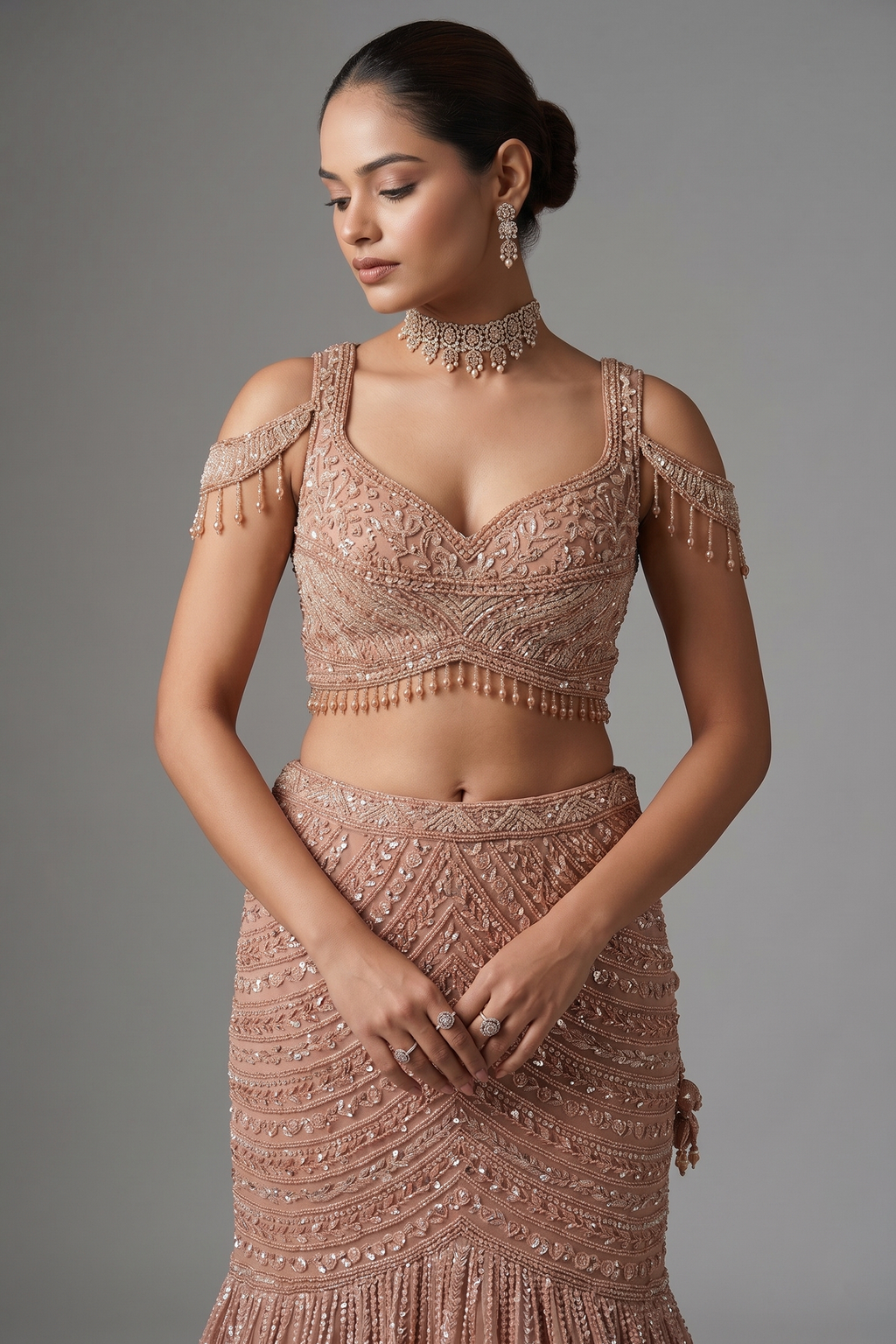 Rose Golden Net Designer Mermaid Style Lehenga with Cold Shoulder Blouse