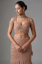 Rose Golden Net Designer Mermaid Style Lehenga with Cold Shoulder Blouse