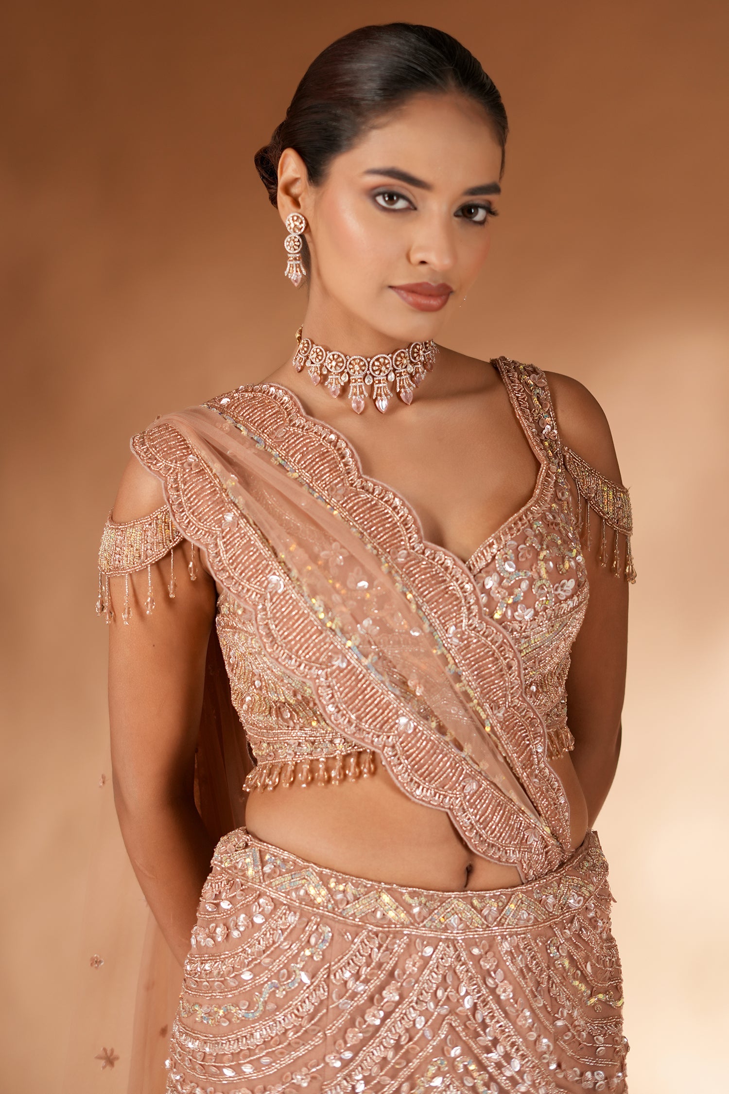 Rose Golden Net Designer Mermaid Style Lehenga with Cold Shoulder Blouse