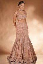 Rose Golden Net Designer Mermaid Style Lehenga with Cold Shoulder Blouse