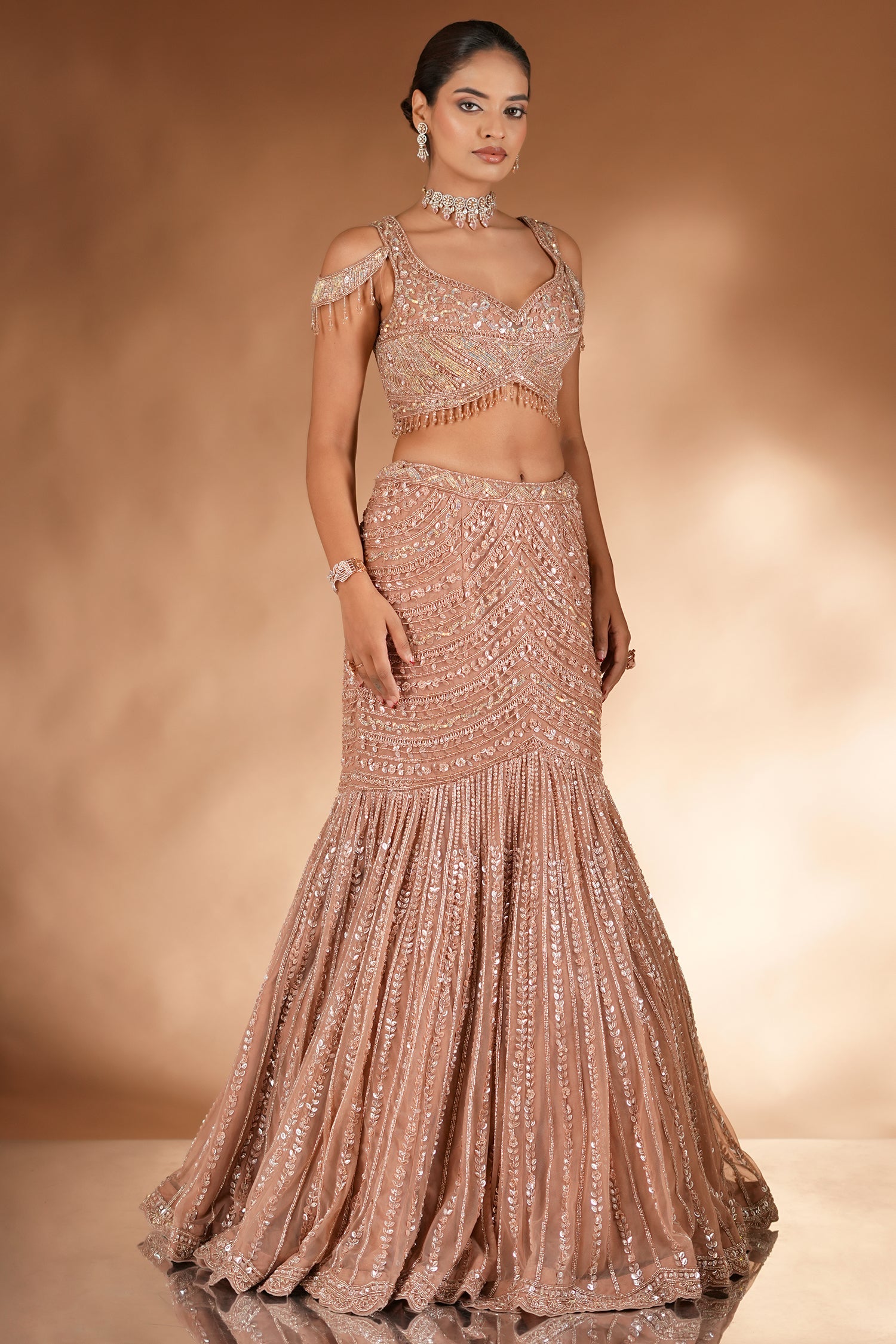 Rose Golden Net Designer Mermaid Style Lehenga with Cold Shoulder Blouse