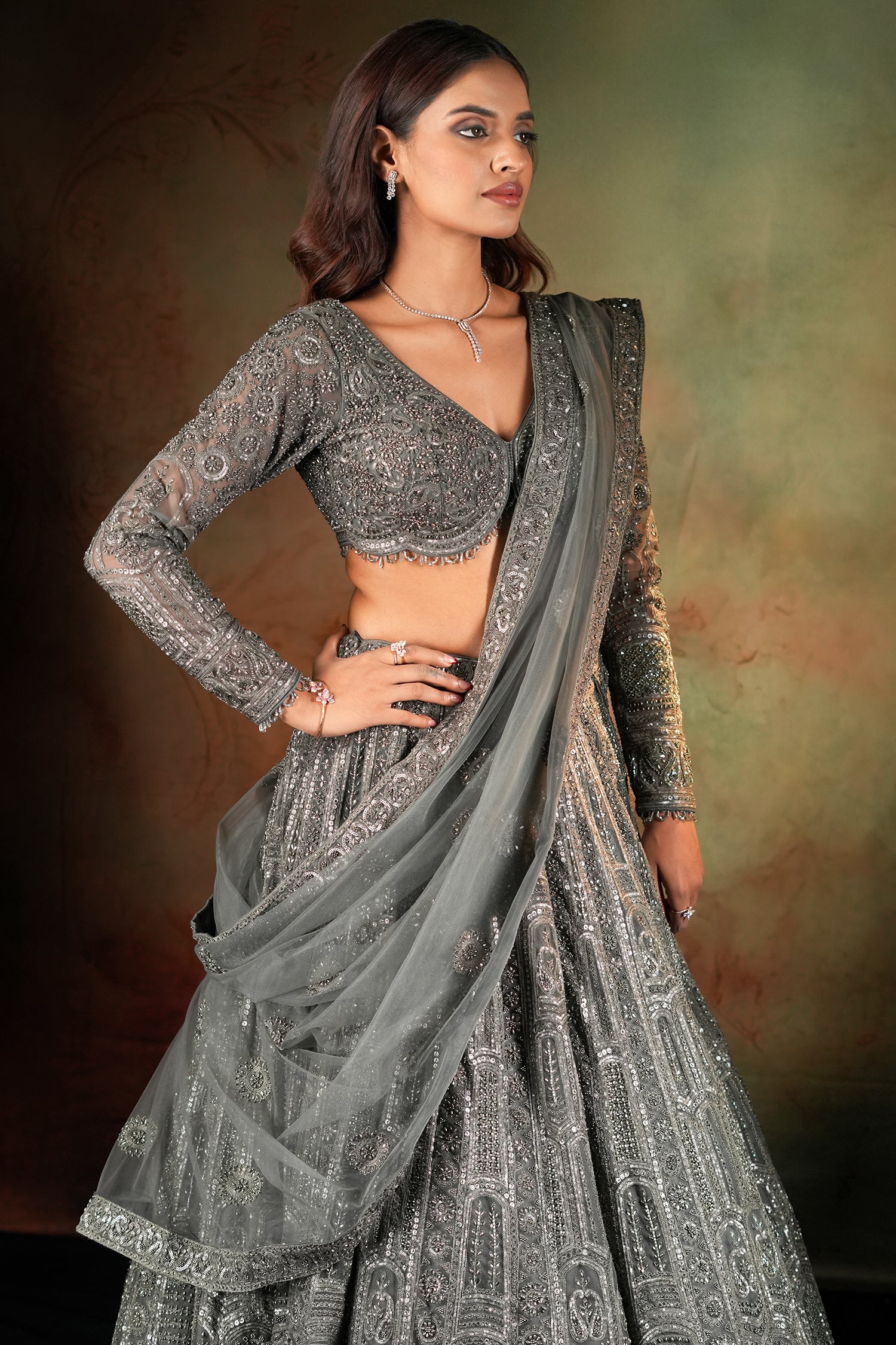Olive Green Net Designer Sequin Beaded Lehenga