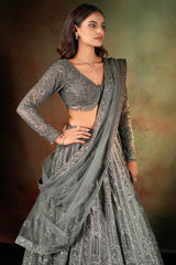 Olive Green Net Designer Sequin Beaded Lehenga