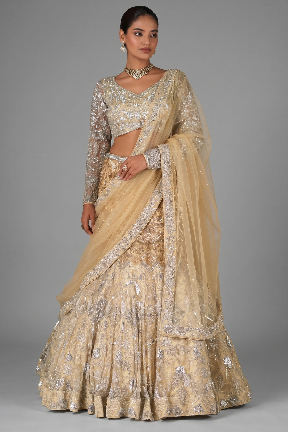 Champagne Gold Net Designer Sequinned and Cutdana Worked Mermaid Style Lehenga Set