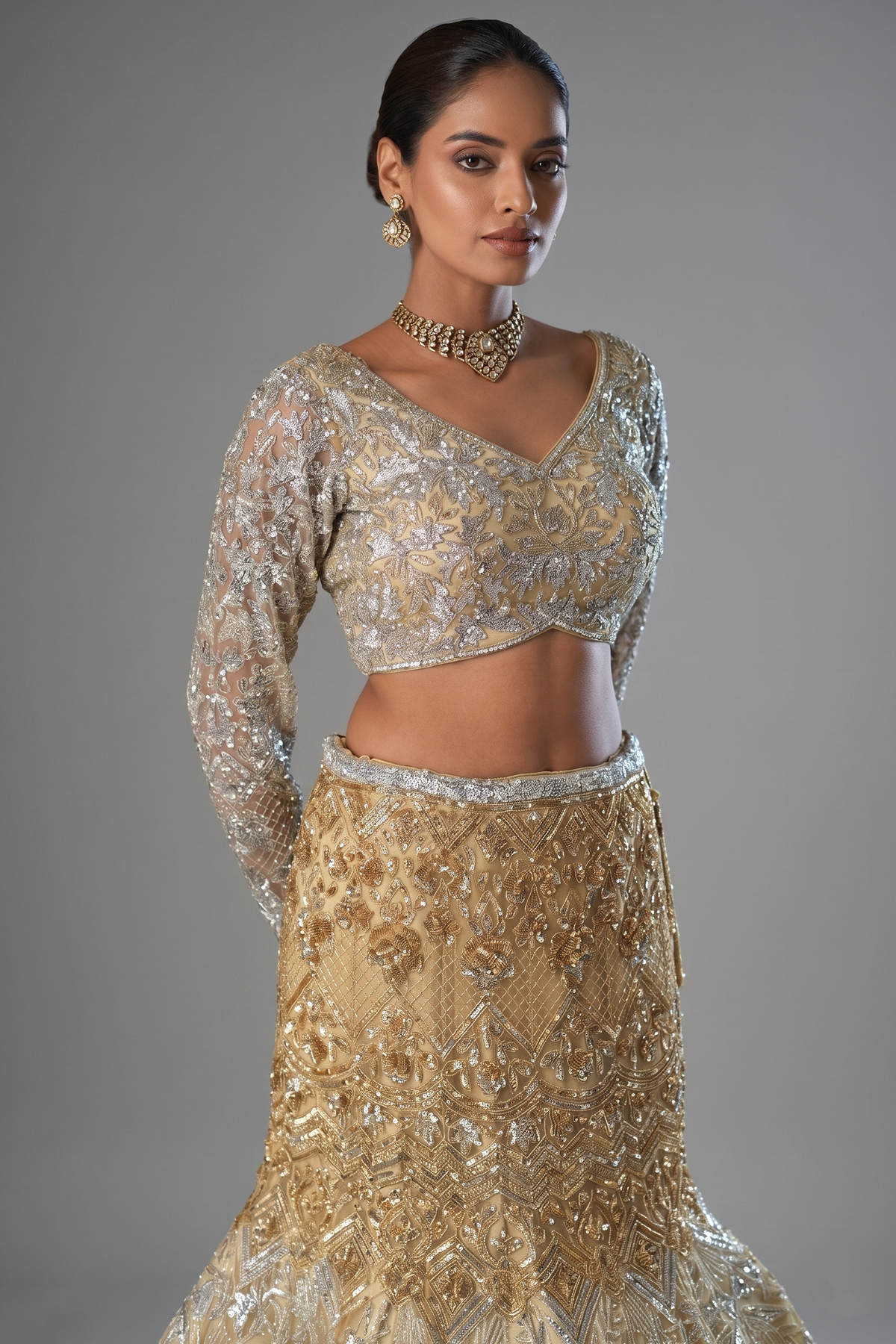 Champagne Gold Net Designer Sequinned and Cutdana Worked Mermaid Style Lehenga Set