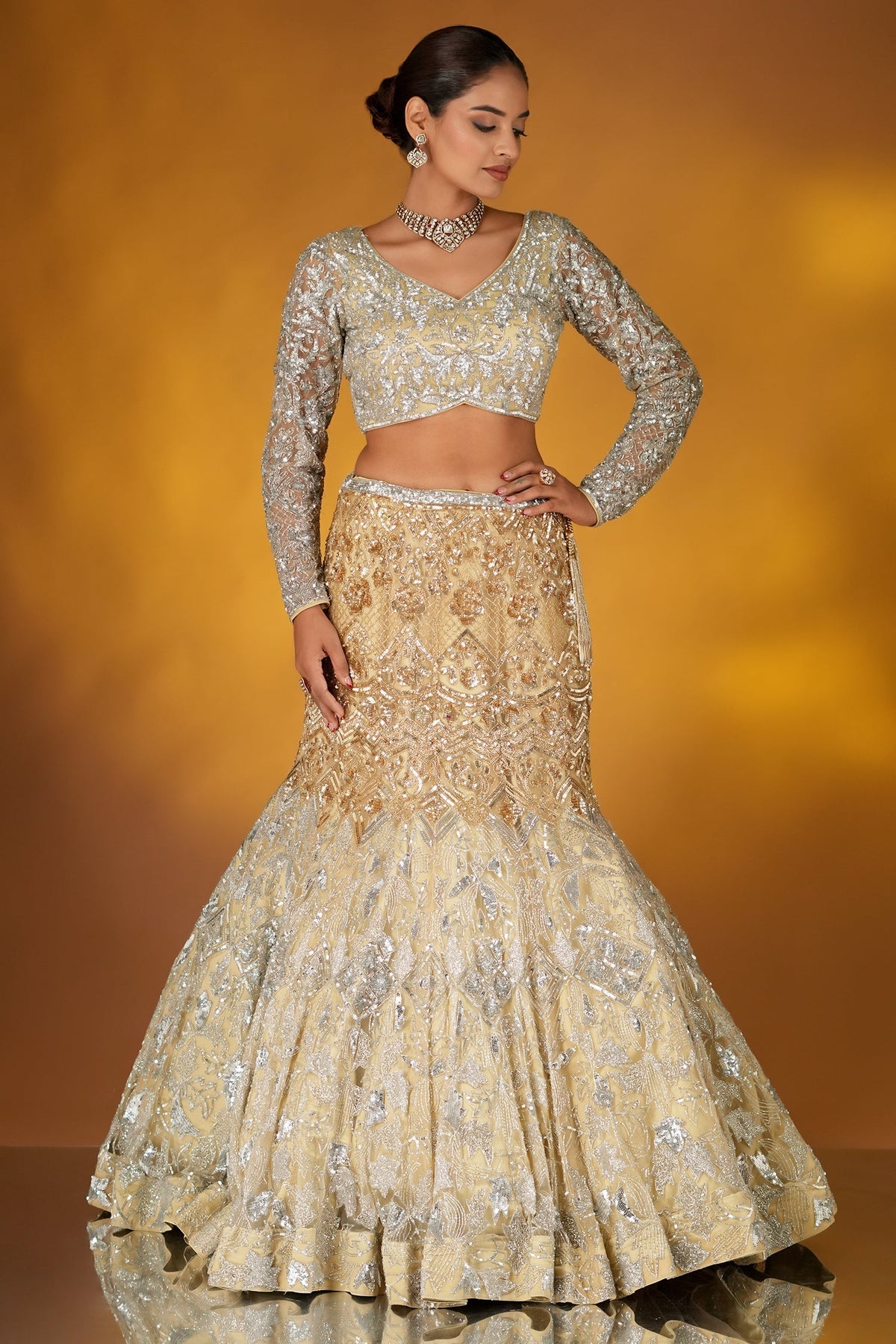 Champagne Gold Net Designer Sequinned and Cutdana Worked Mermaid Style Lehenga Set