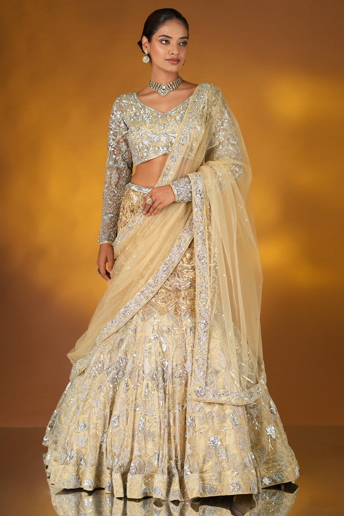 Champagne Gold Net Designer Sequinned and Cutdana Worked Mermaid Style Lehenga Set