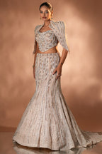 Blush Pink Net Mermaid Lehenga Set with Structured Corset Blouse and Embellished Shoulder Cape