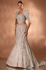 Blush Pink Net Mermaid Lehenga Set with Structured Corset Blouse and Embellished Shoulder Cape