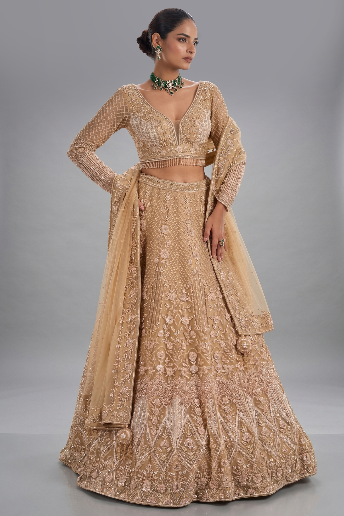 Rose Golden Net Designer Lehenga Set