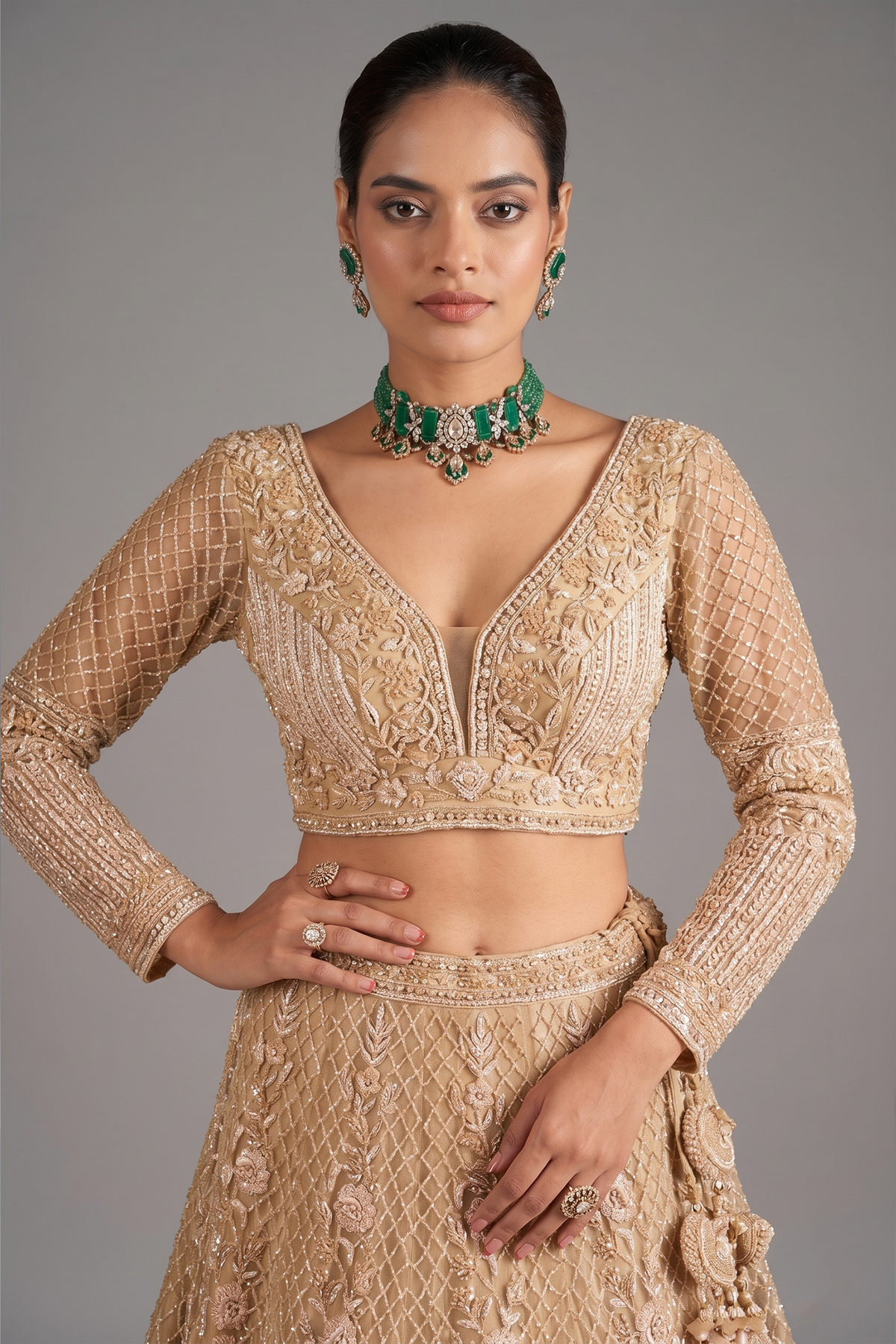 Rose Golden Net Designer Lehenga Set