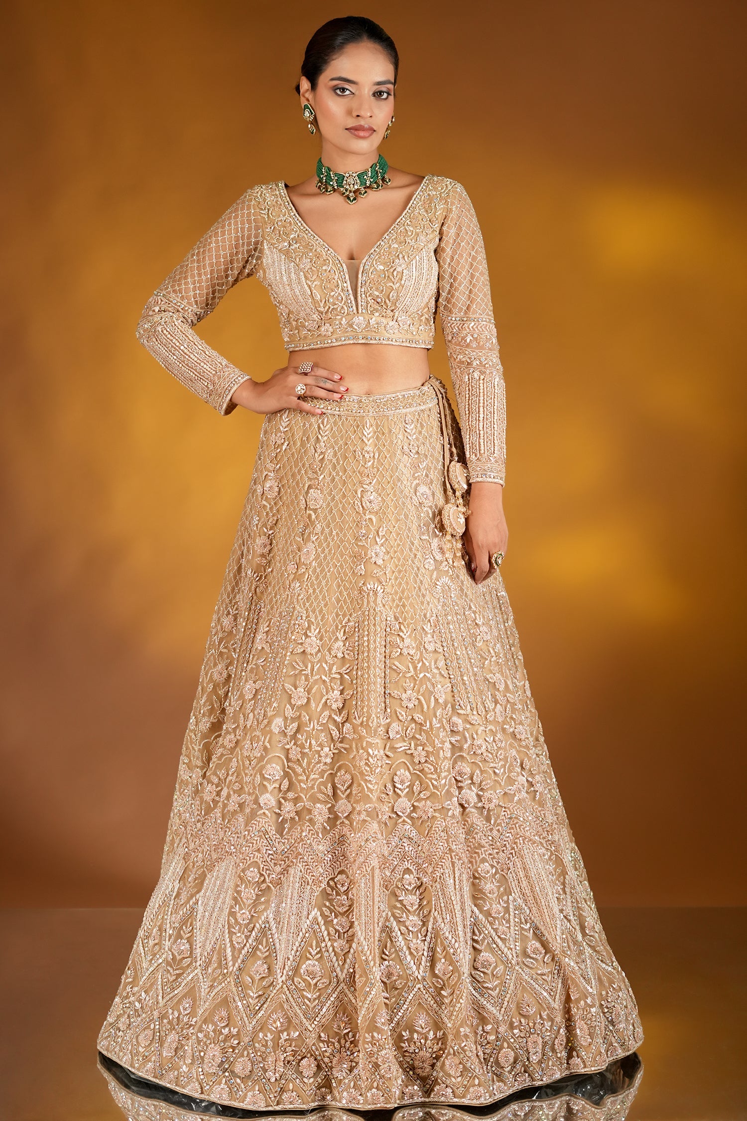 Rose Golden Net Designer Lehenga Set