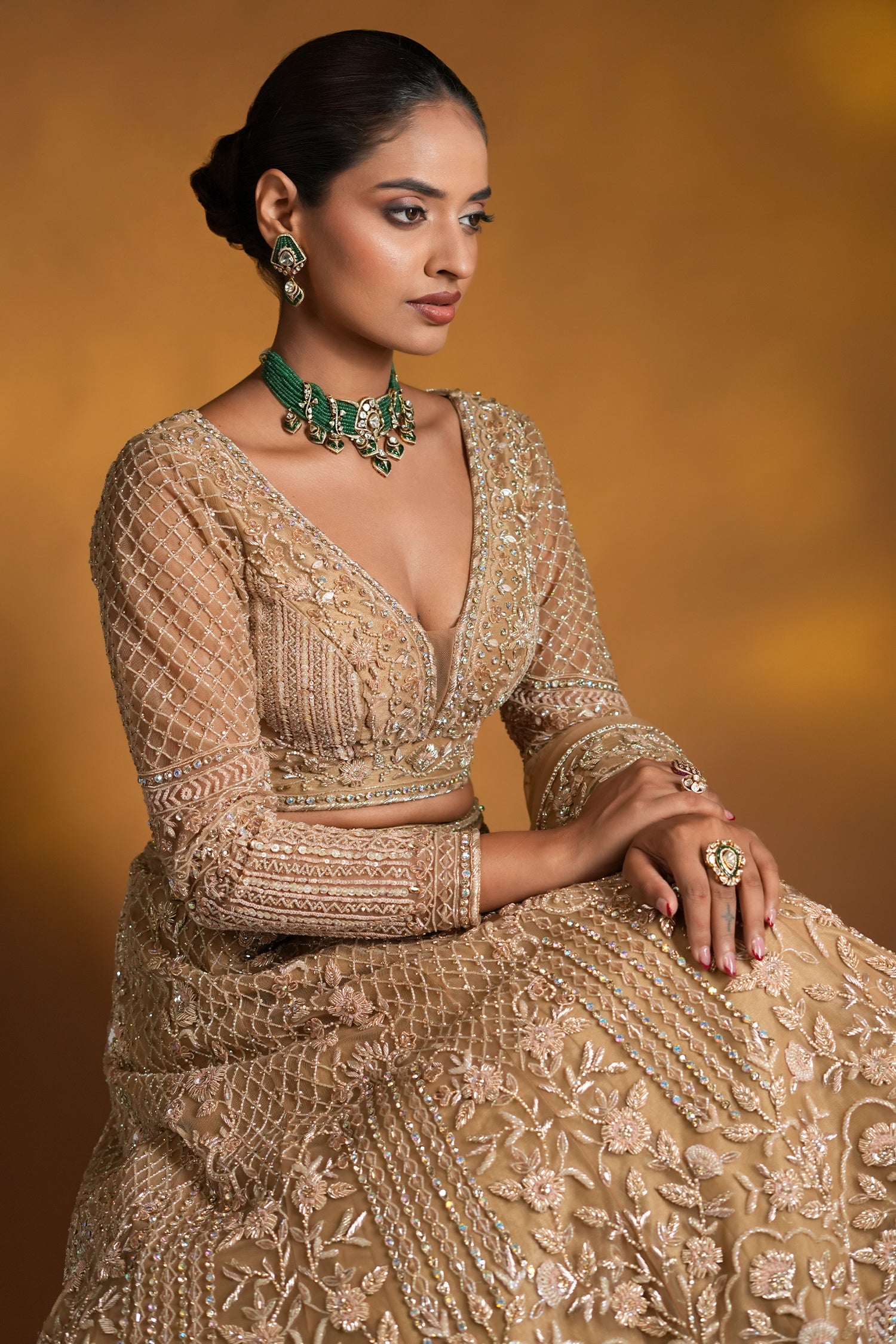 Rose Golden Net Designer Lehenga Set