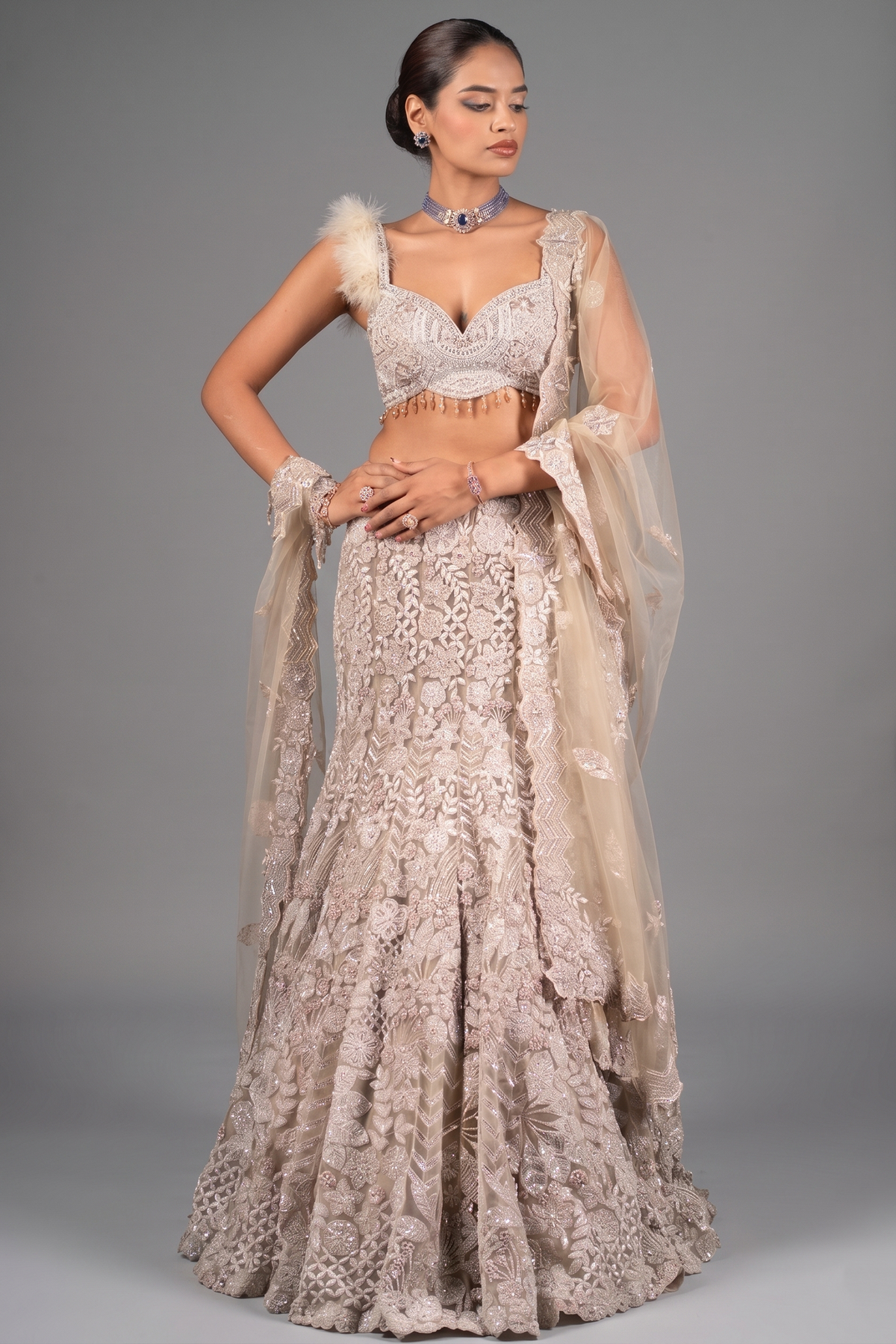 Champagne Beige Net Designer Embroidered Mermaid Style Lehenga Set