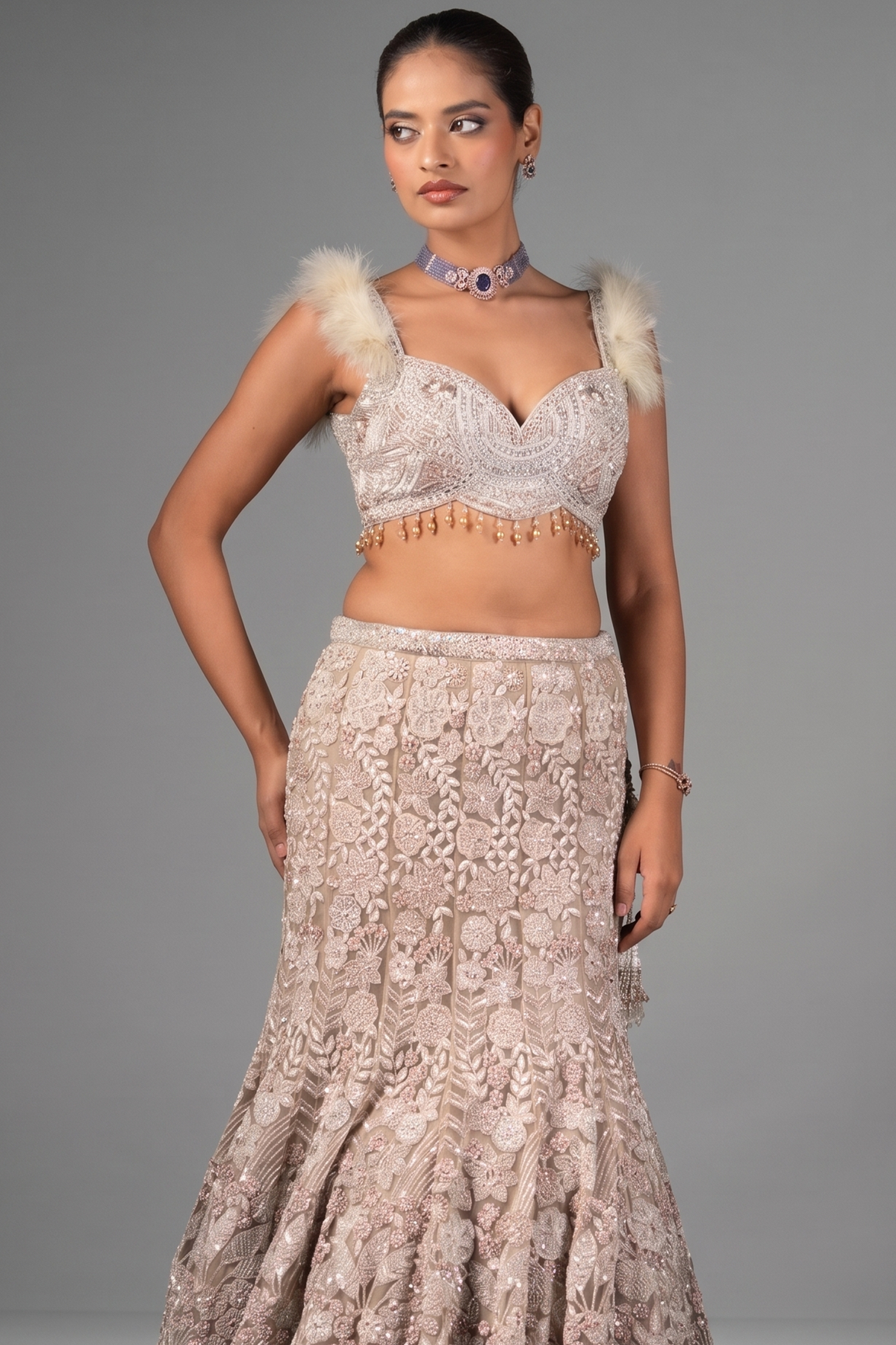 Champagne Beige Net Designer Embroidered Mermaid Style Lehenga Set